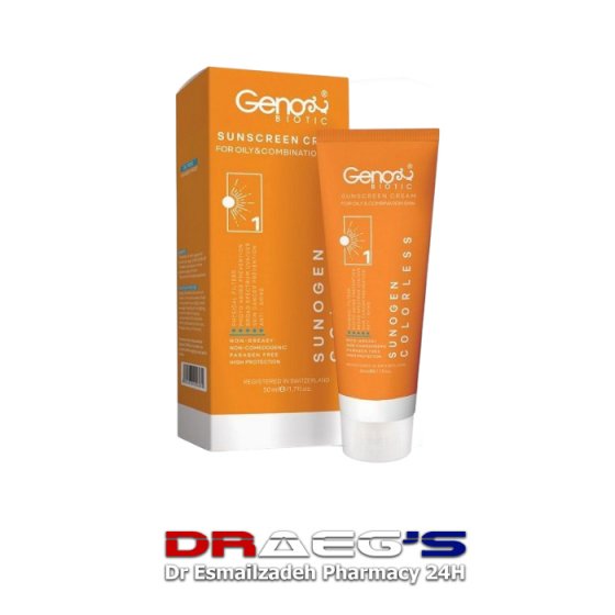 ژنوبایوتیک کرم ضدآفتاب برای پوست چرب و مختلط بی رنگ اس پی اف 50 حجم 50میلGENOBIOTIC SUNSCREENCREAM FOR OILY&COMBINATAION SKIN 50ML